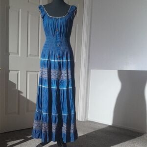 100% Cotton Lapis Blue Sleeveless Embroidered Maxi Dress